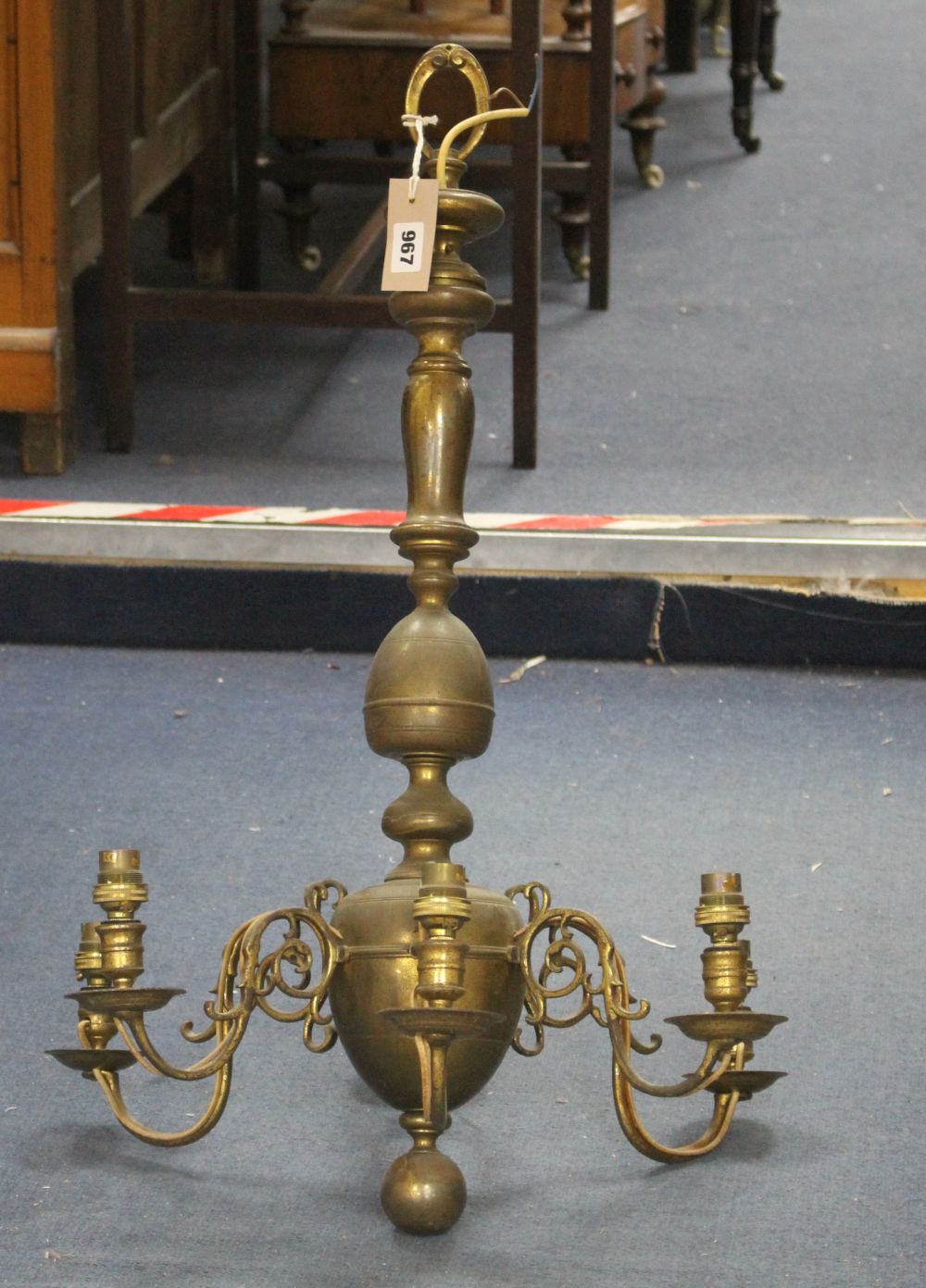 A 17th century style Dutch design brass six branch chandelier, drop 74cm diameter 50cm